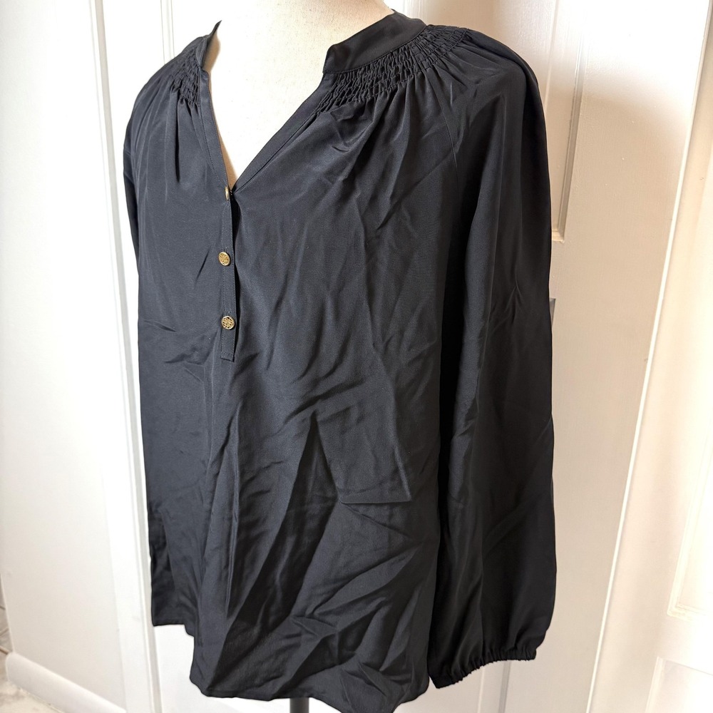 Lilly Pulitzer Blouse Womens Large Black Silk Pullover Smocked Long Sleeve Top - Picture 2 of 9